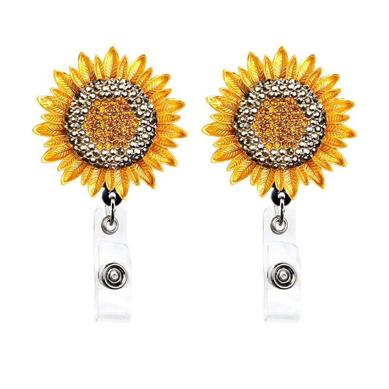 Ascrafter 2 Pack Golden Sunflower Badge Reel  Bling Crystal Retractable Badge Holder with Belt Clip  ID Card Holder for Women Nurse Teacher - Image 1